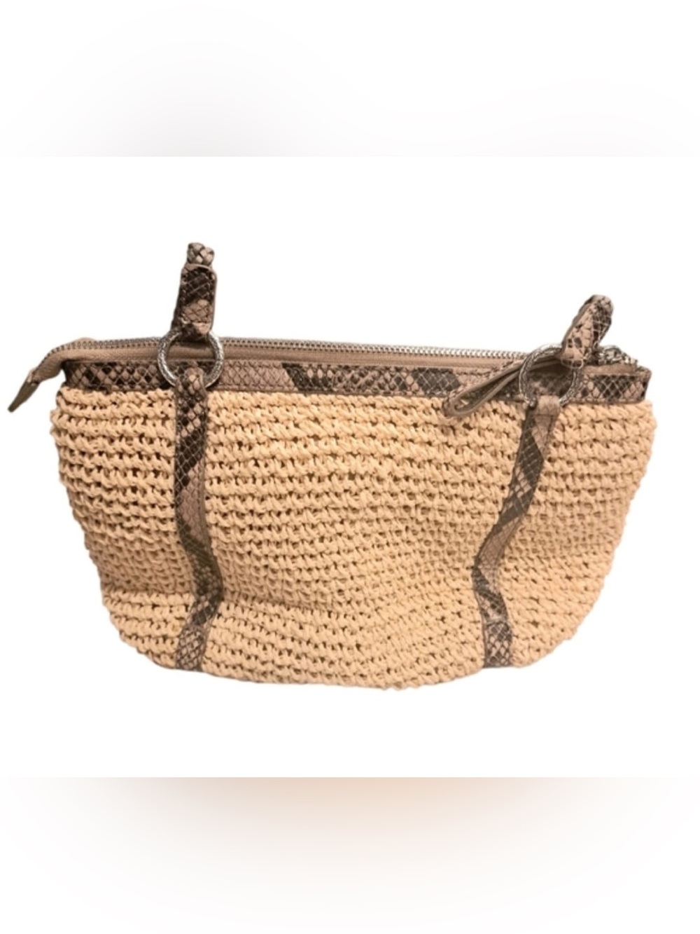 Brighton Beige Woven Crossbody with Snake-Print Trim - Picture 2 of 8